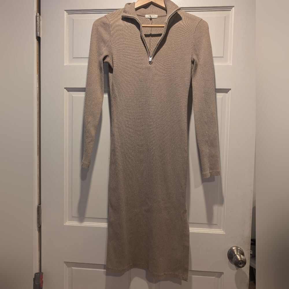 Rag & Bone Laila Tan Half Zip Sweater Ribbed Dress Minimalist Preppy Chic S